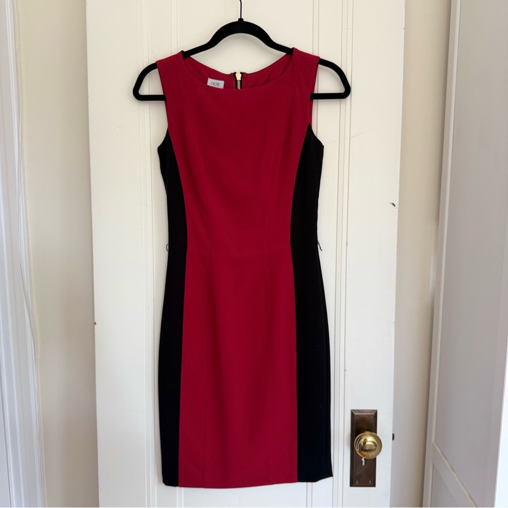 Cache Red and Black Sheath Midi Dress (full zipper back)
